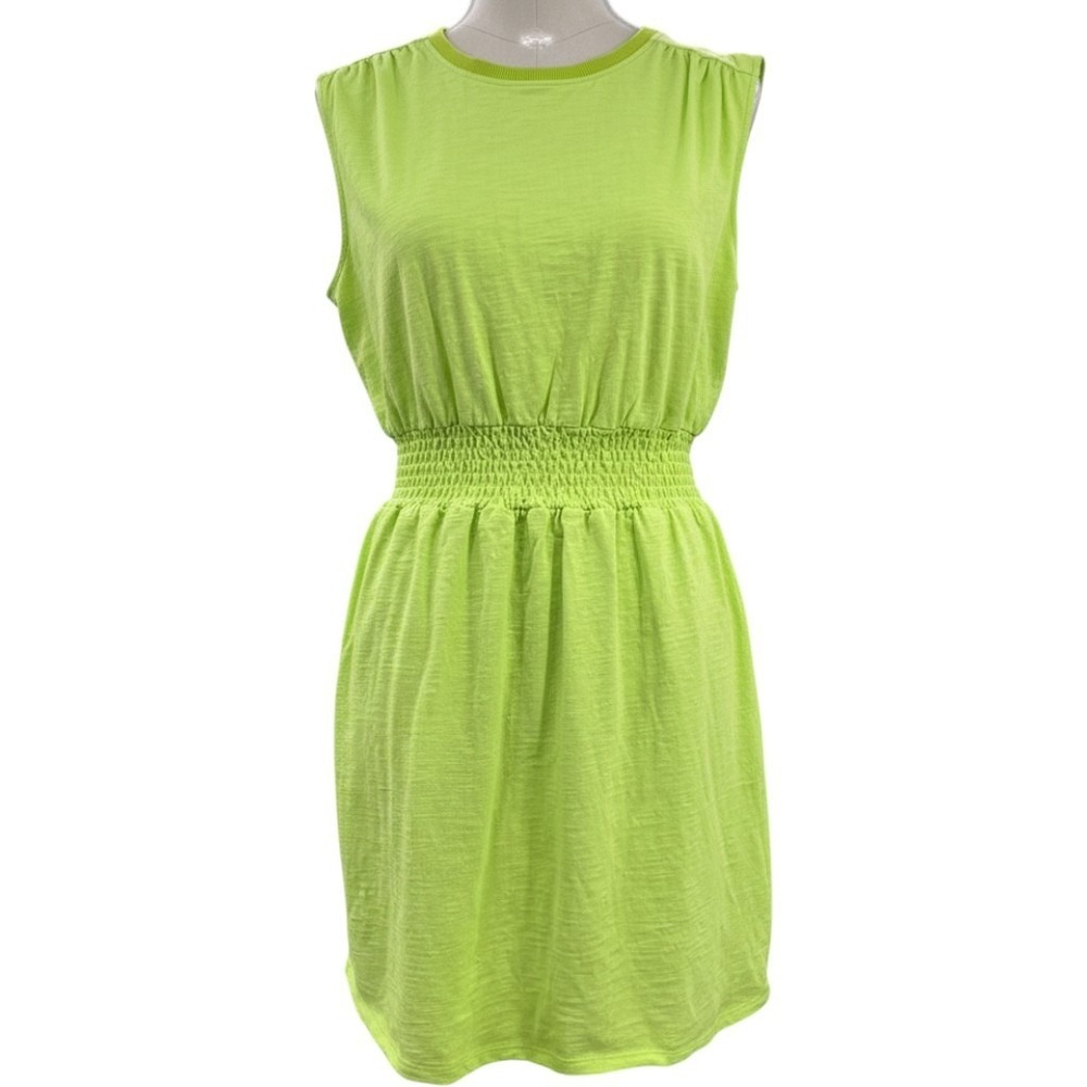 S'EDGE Mini Dress Women S Neon Lime Green Smocked Waist Cotton Sleeveless